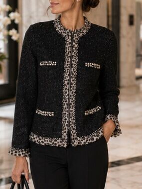 NWT Berek Metallic Boucle Knit Statement Jacket Beaded Leopard Trim Zip Front S